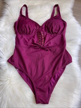 One-Piece Women’s Swimsuit in Deep Magenta with Lace-Up Front